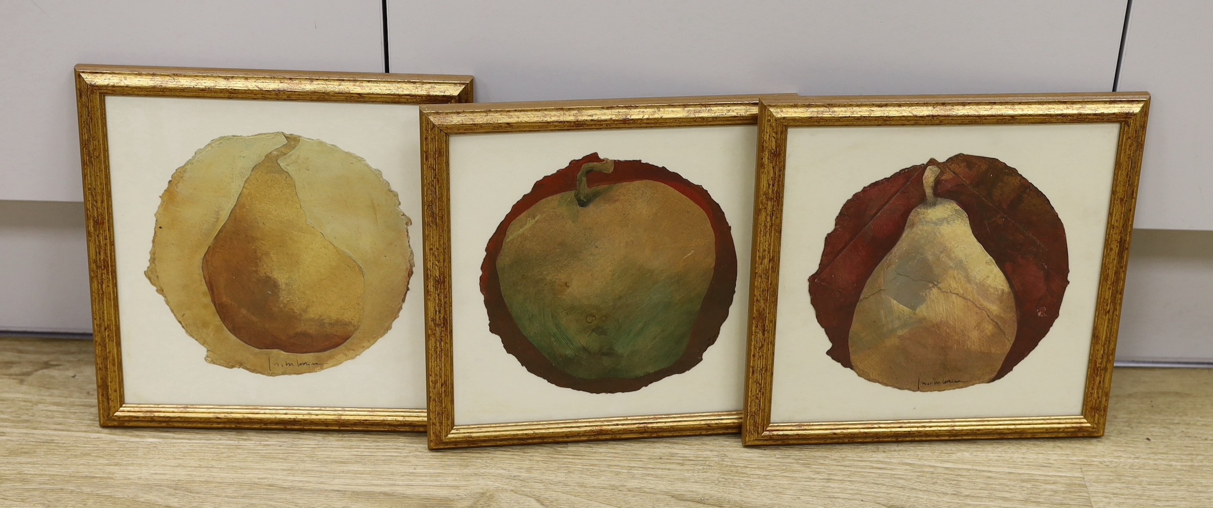 Josep Maria Codina I Filba (Spanish, b. 1958), three mixed media works, Studies of Fruit, signed, tondo, 19cm., Art Supermarket labels verso